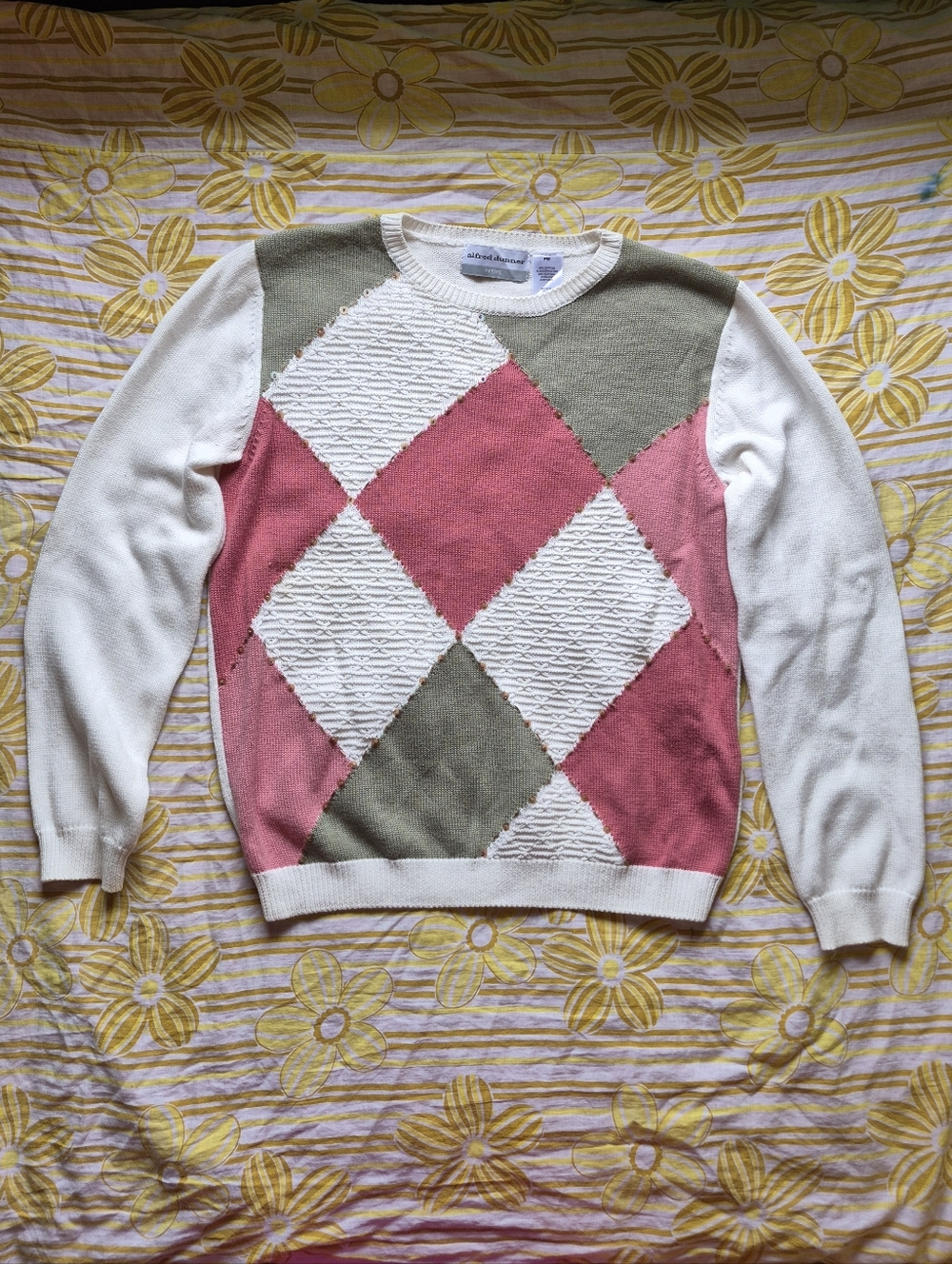Alfred Dunner Colorblock Argyle Sweater in Pink, White & Olive